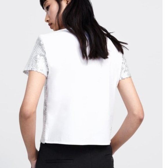 Zara COMBINED SEQUIN BLOUSE T-Shirt Top White/Silver Size XS - Picture 3 of 4
